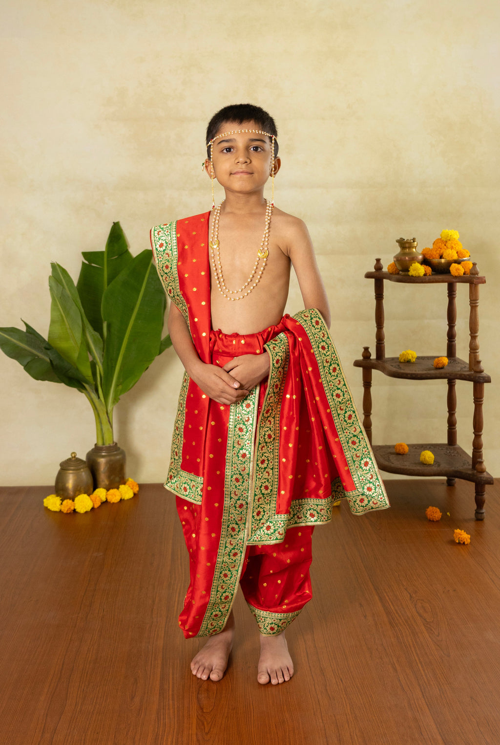 Red taffeta Silk Sovale uparane dhoti set with intricate green red banarasi border for Batu