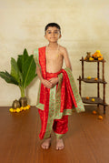 Red taffeta Silk Sovale uparane dhoti set with intricate green red banarasi border for Batu