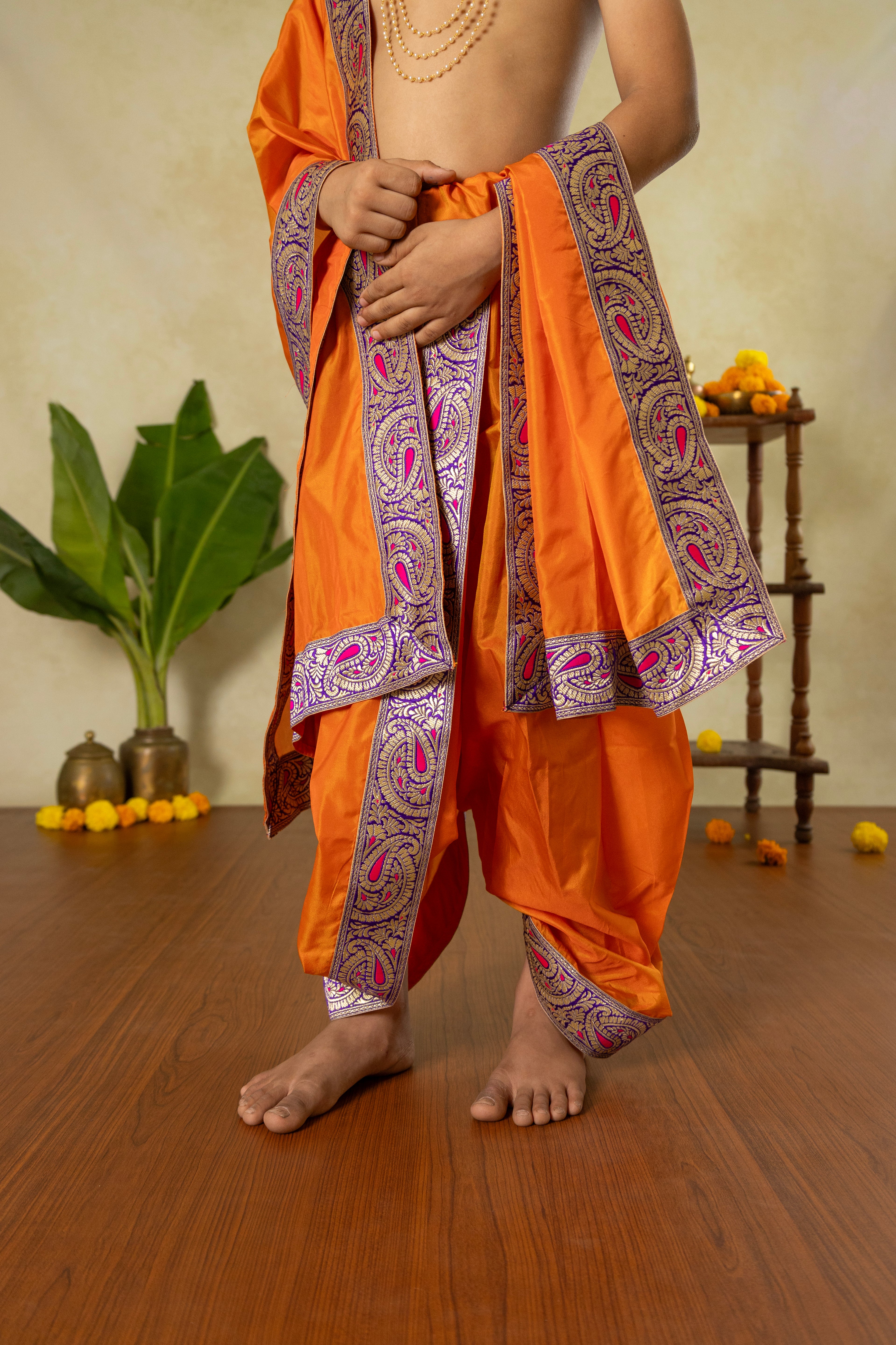 Saffron orange mysore silk sovale Uparane set with intricate purple & pink paisley banarasi border for Batu