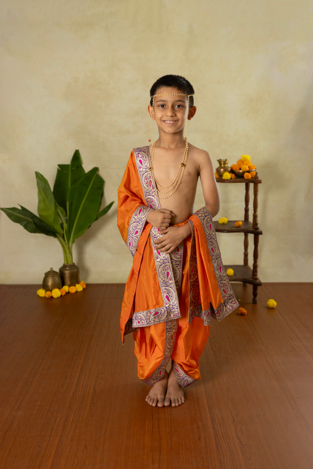 Saffron orange mysore silk sovale Uparane set with intricate purple & pink paisley banarasi border for Batu