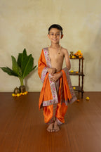 Saffron Silk Sovale Uparane Set With Purple Paisley Banarasi Border