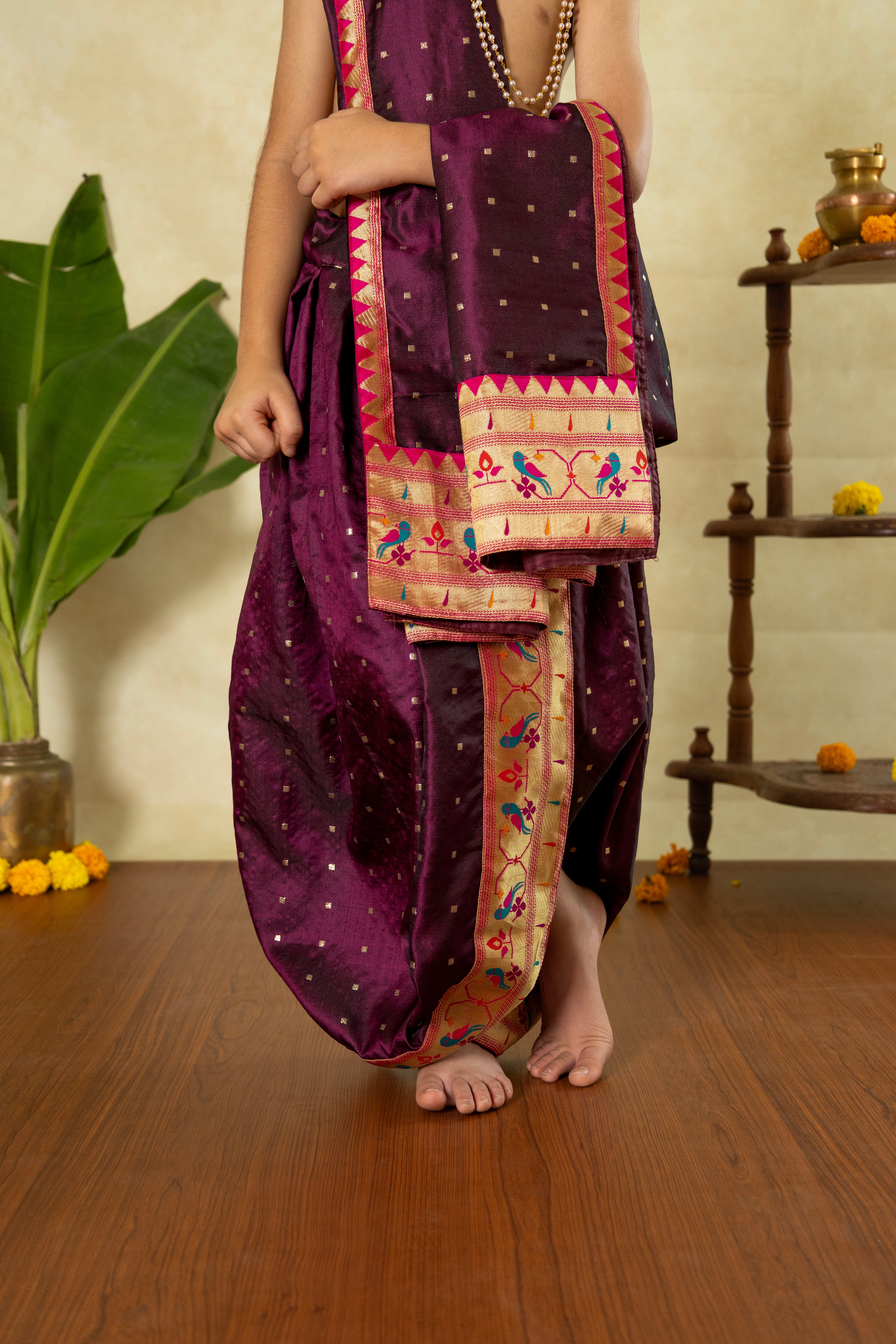 Wine satin taffeta Silk Sovale uparane dhoti set with intricate parrots paithani border for Batu