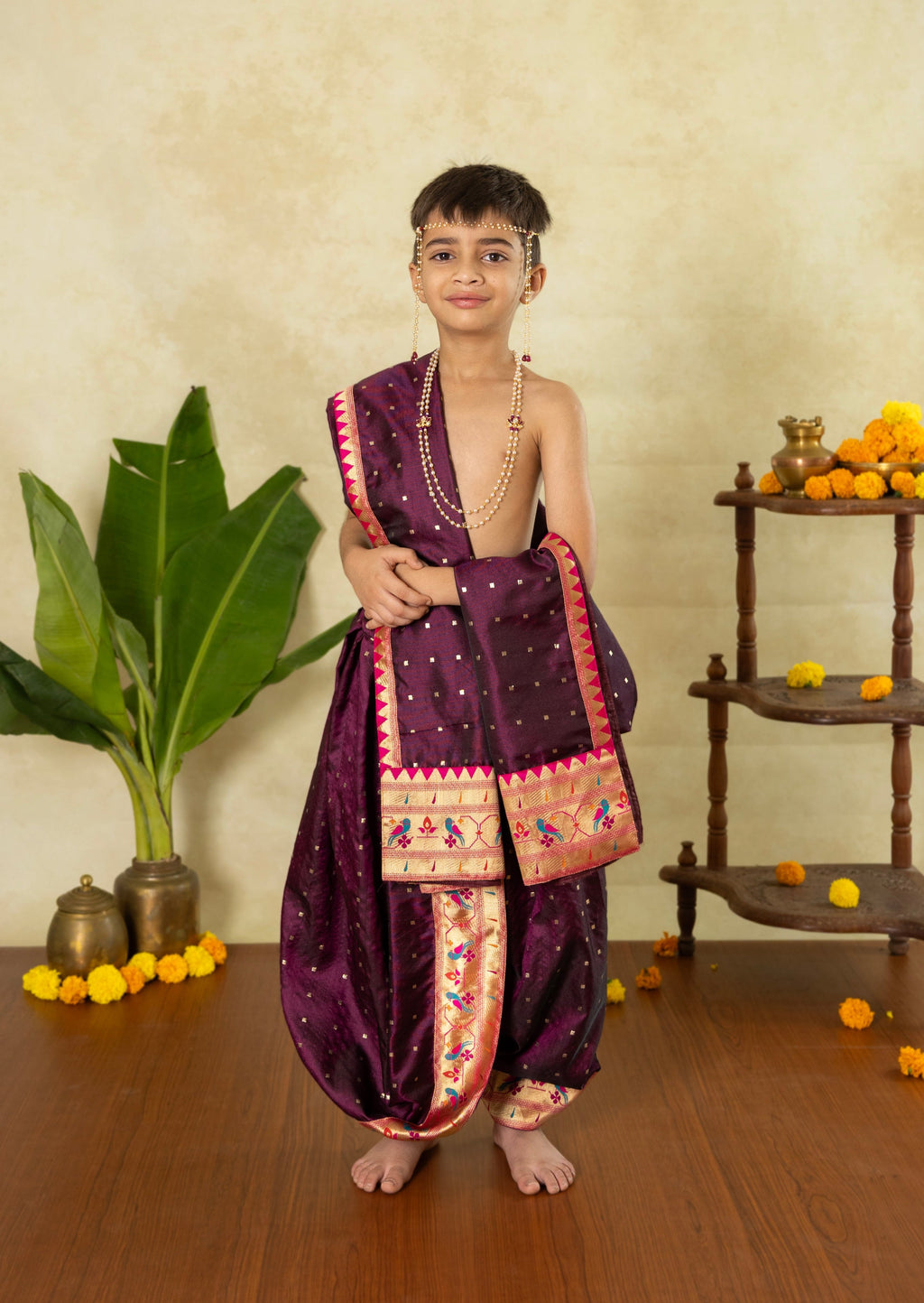 Wine Satin Silk Sovale Uparane Set Paithani Border