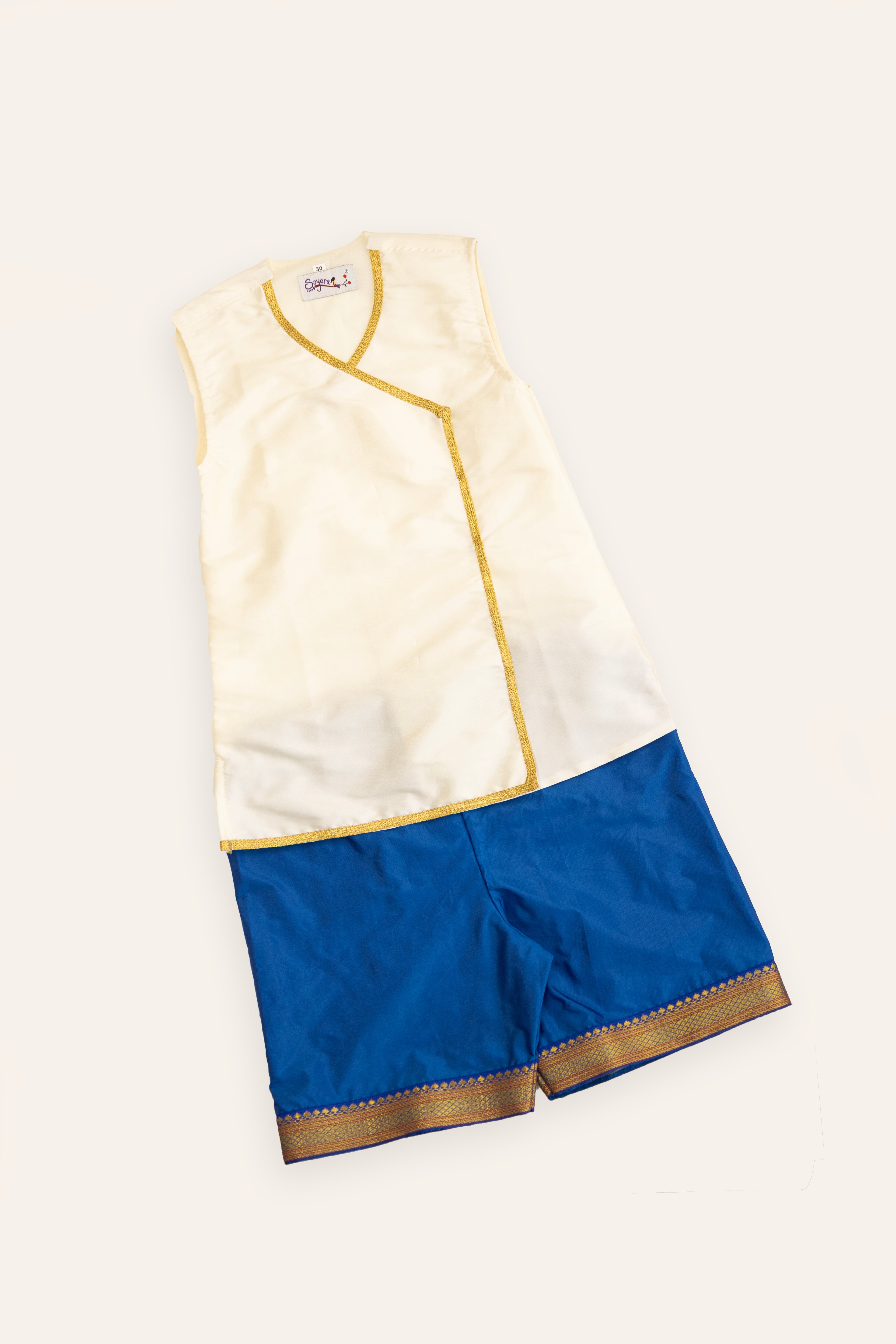 Chaula Karma / Chudakarma Sanskar Combo for Batu - White includes white Taffeta silk sleeveless vest and Mysore Silk Inner Pant