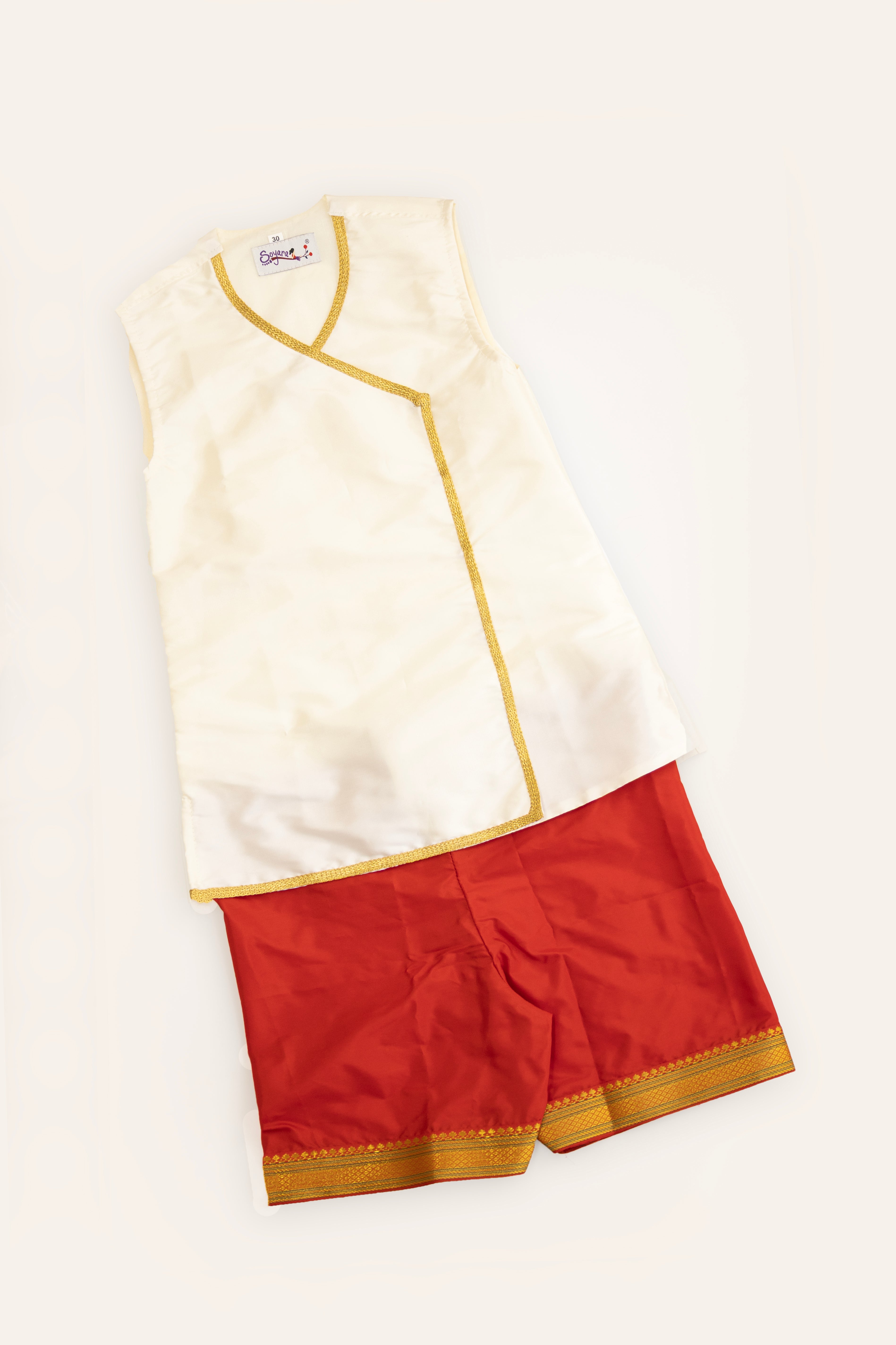 Chaula Karma / Chudakarma Sanskar Combo for Batu - White includes white Taffeta silk sleeveless vest and Mysore Silk Inner Pant