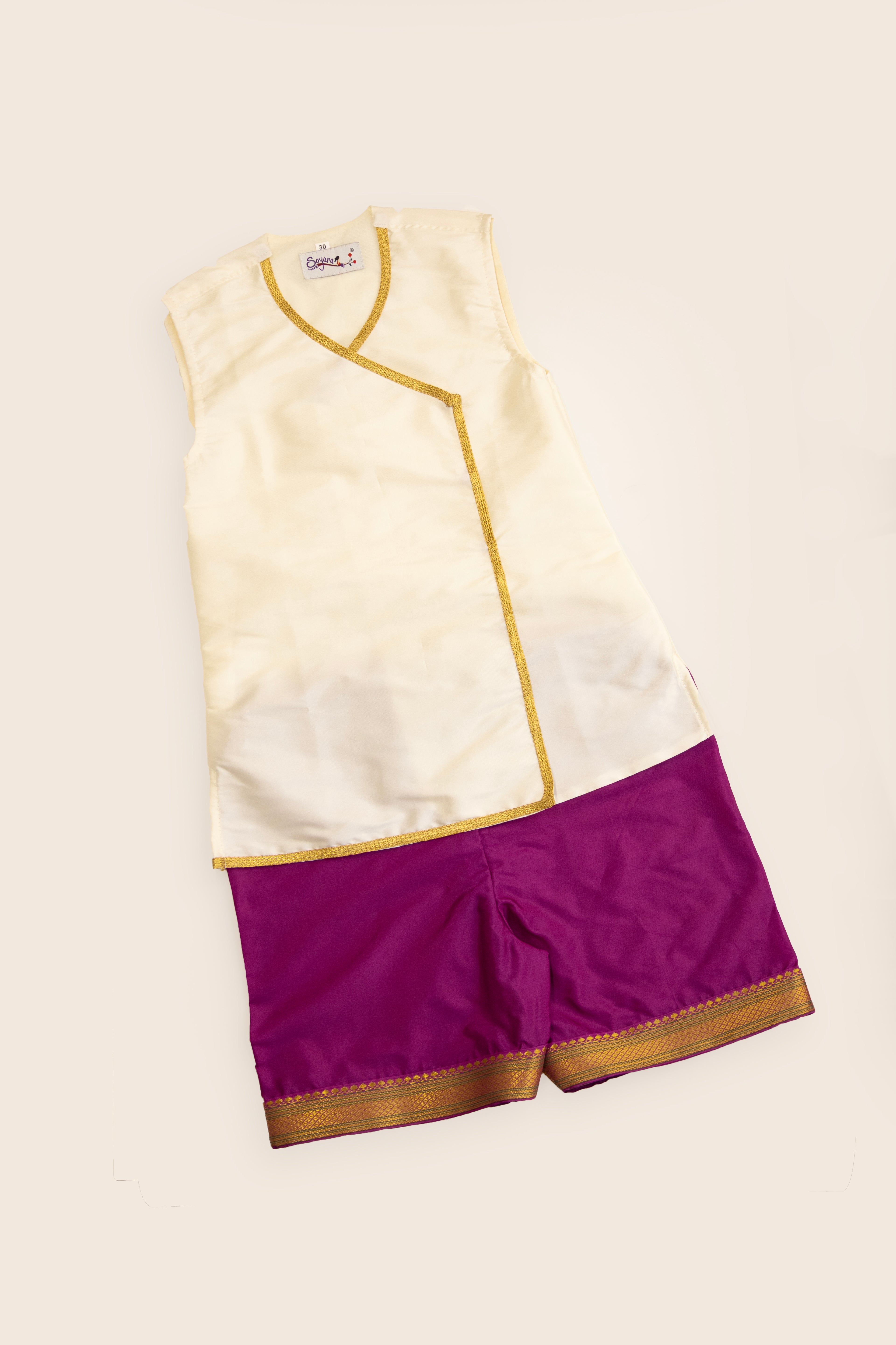 Chaula Karma / Chudakarma Sanskar Combo for Batu - White includes white Taffeta silk sleeveless vest and Mysore Silk Inner Pant