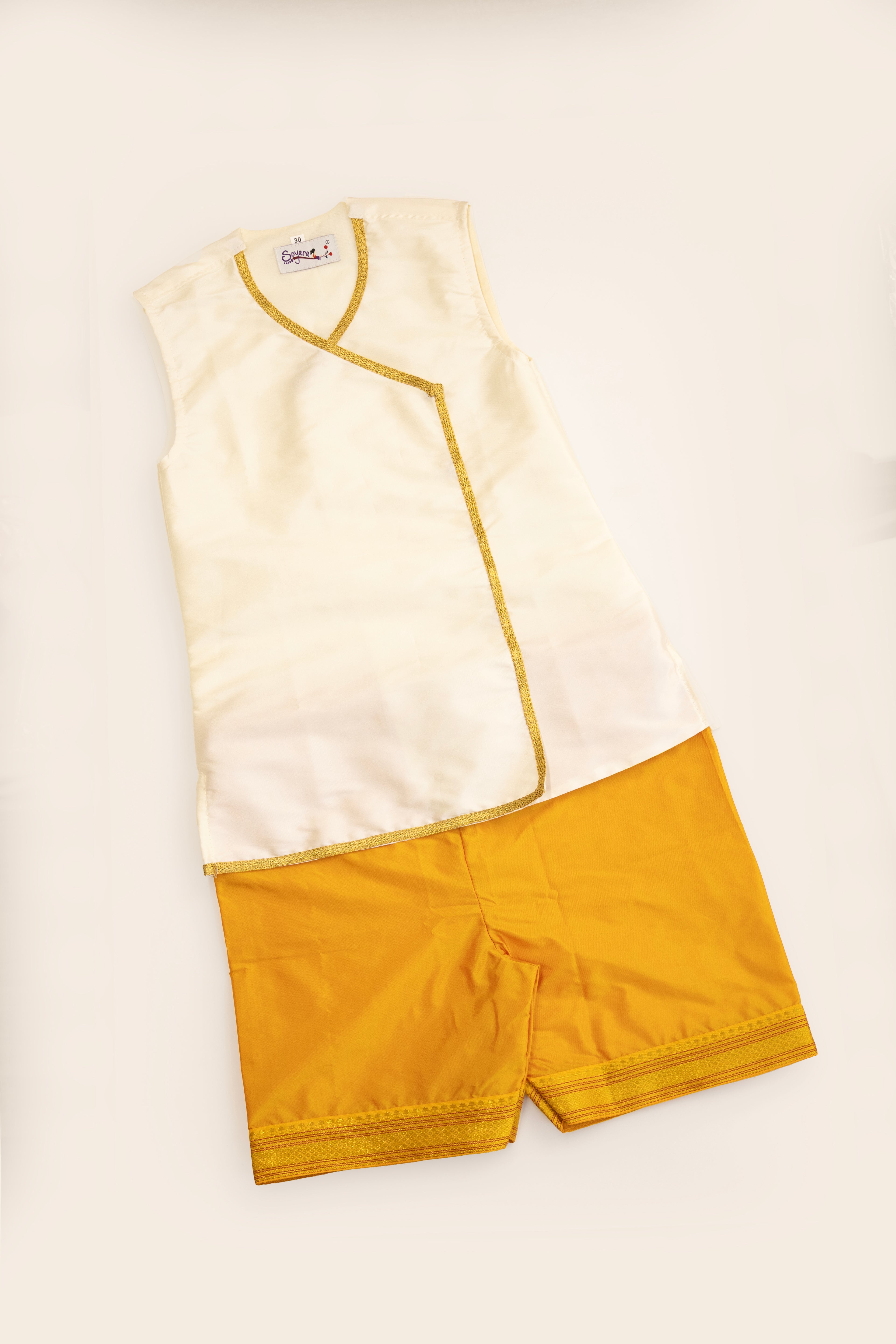Chaula Karma / Chudakarma Sanskar Combo for Batu - White includes white Taffeta silk sleeveless vest and Mysore Silk Inner Pant