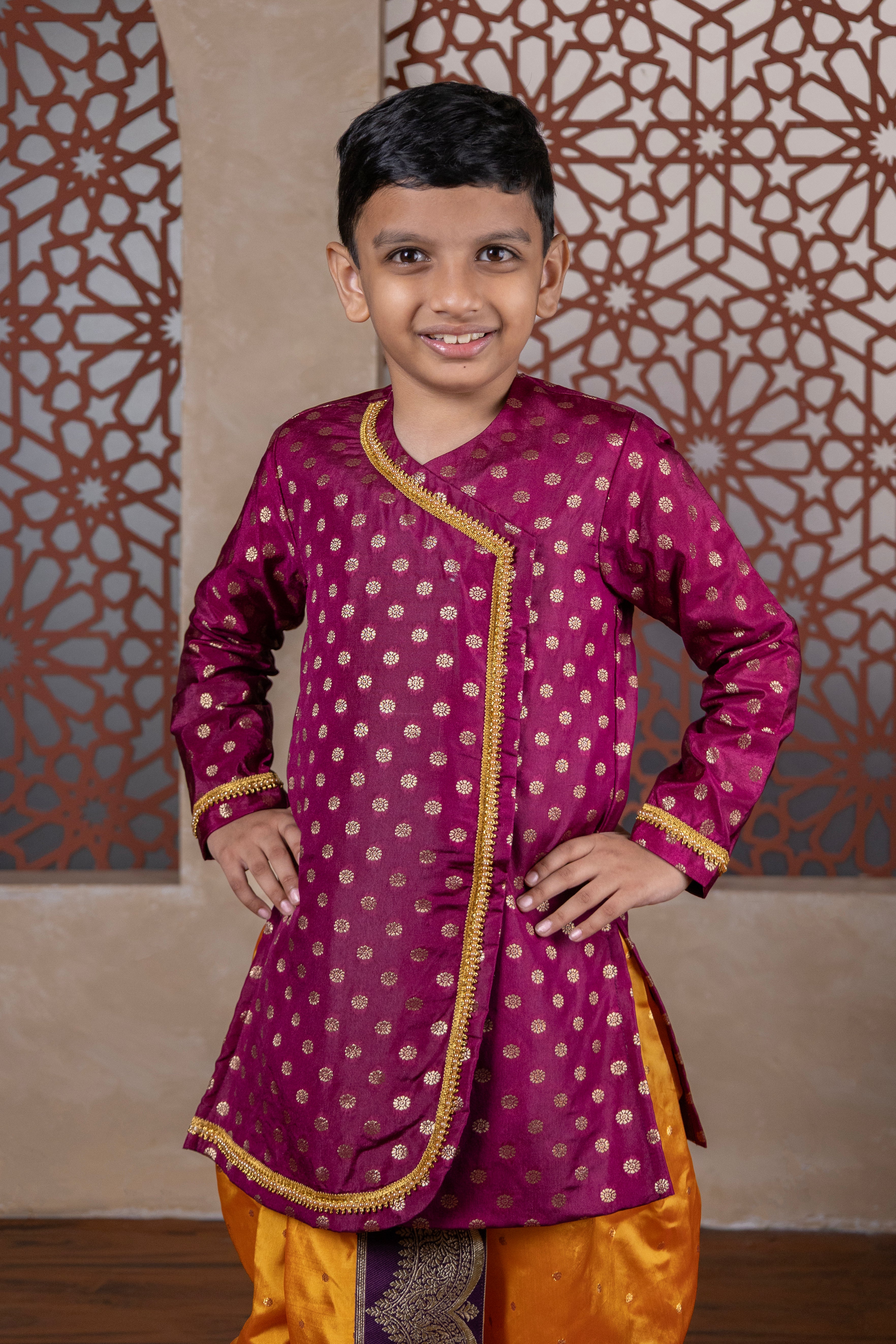 Wine coloured cotton silk big jari butta front open short kurta with pearls embellished lace highlights defining the curve and around cuffs for Batu