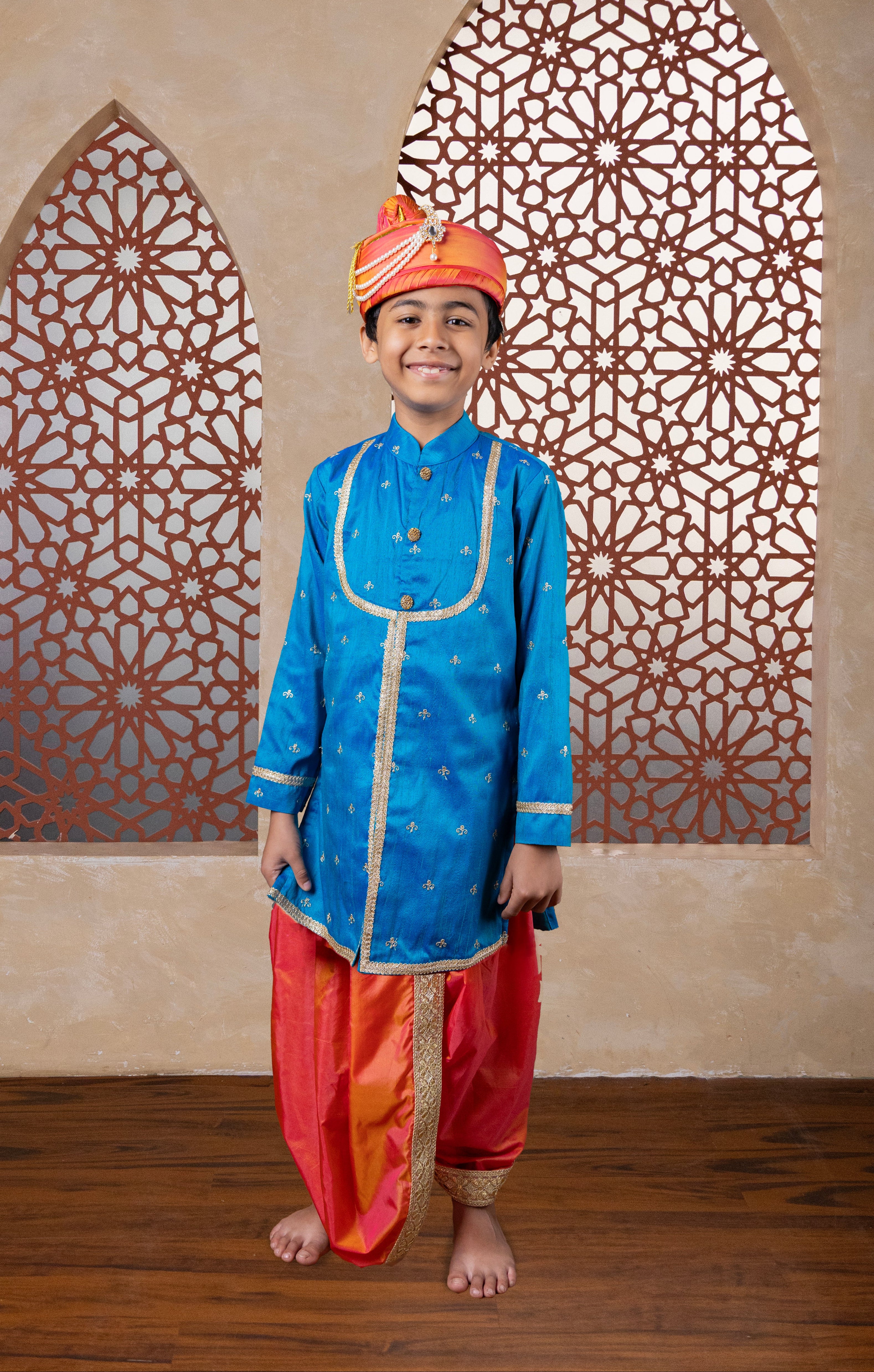 Teal blue raw silk yoke pattern kurta with all over intricate zari embroidery for Batu