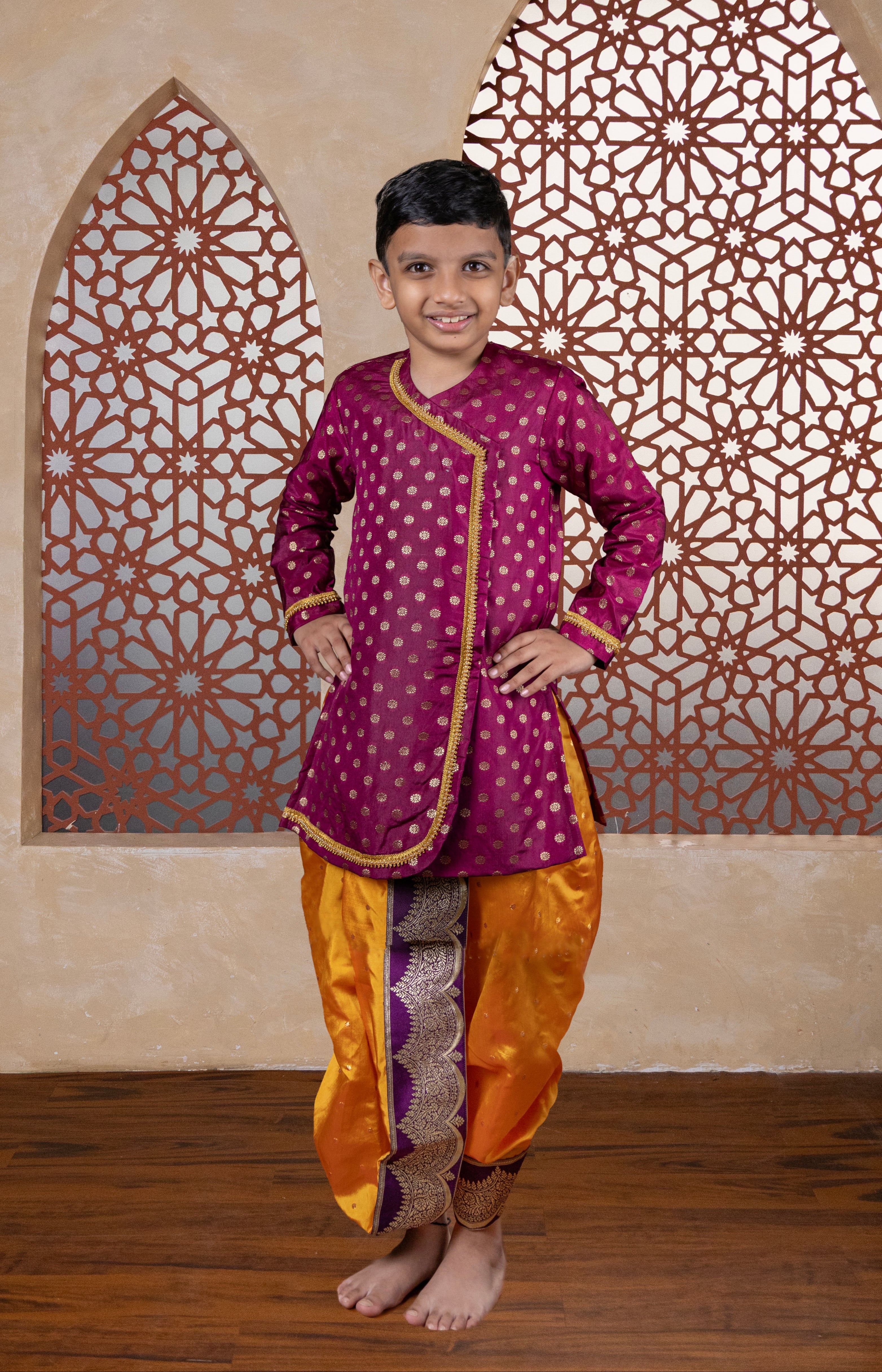 Wine coloured cotton silk big jari butta front open short kurta with pearls embellished lace highlights defining the curve and around cuffs for Batu