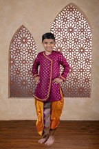 This wine-colored short kurta, crafted from cotton silk, features large jari butta designs and a front open style. Pearls-embellished lace accents delicately outline the curves and cuffs, making it a refined choice for Batu occasions.