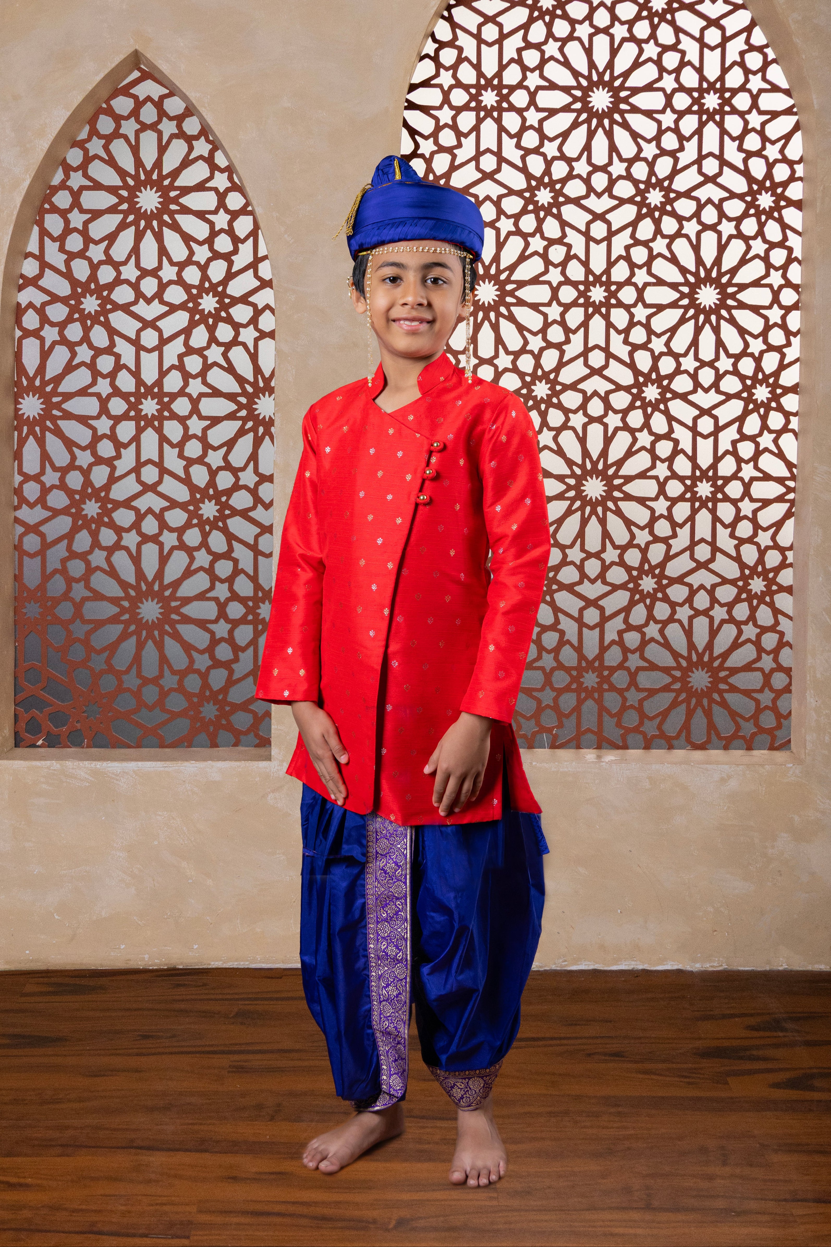Bright Red raw silk zari motifs half stand collared Kurta with overlap pattern for Batu.