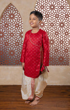 Maroon raw silk angarakha kurta with gotta patti overlap and golden tie knots with beautiful latkans for Batu