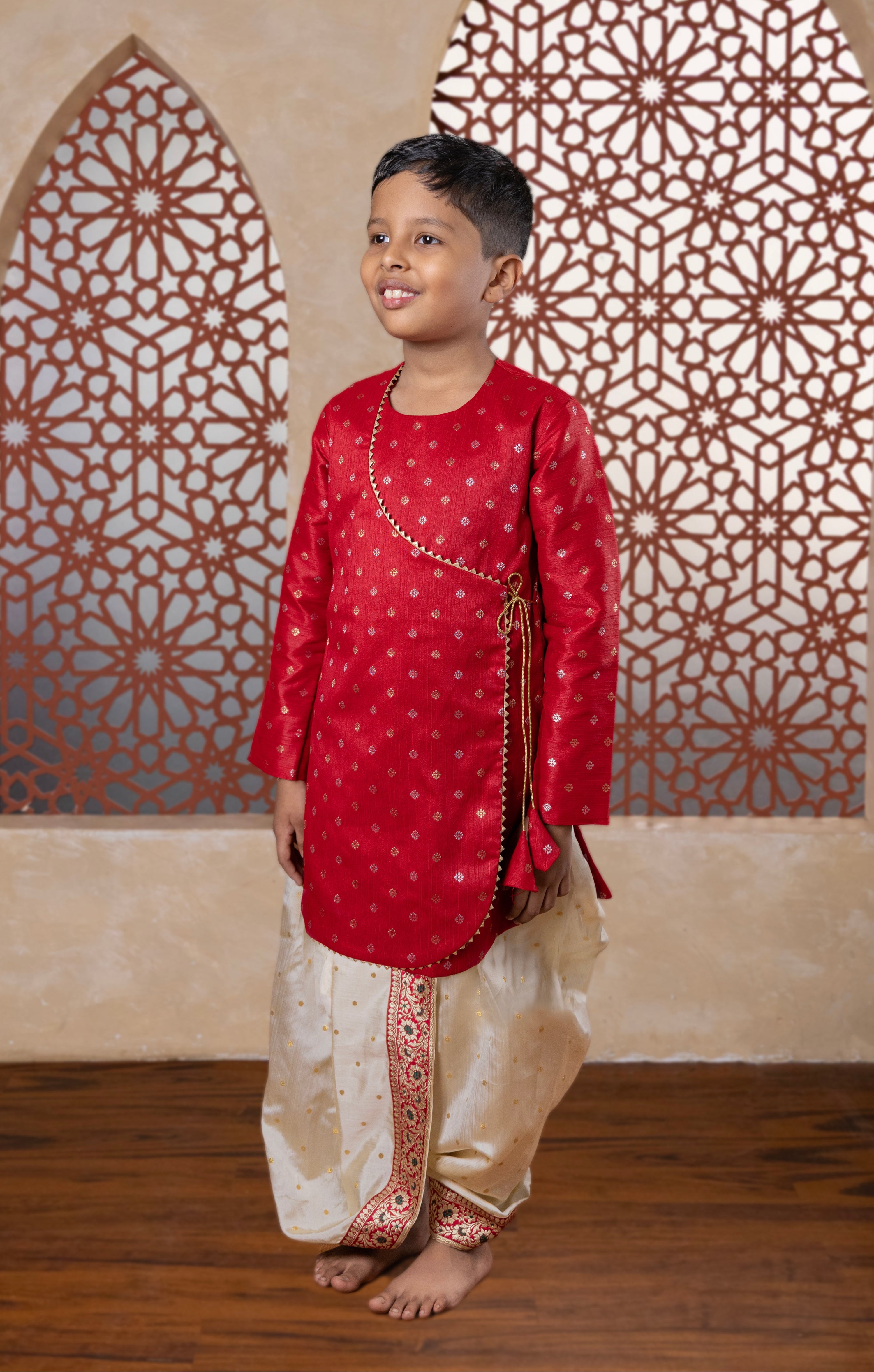 Maroon raw silk angarakha kurta with gotta patti overlap and golden tie knots with beautiful latkans for Batu