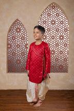 Maroon raw silk angarakha kurta with gotta patti overlap and golden tie knots with beautiful latkans for Batu