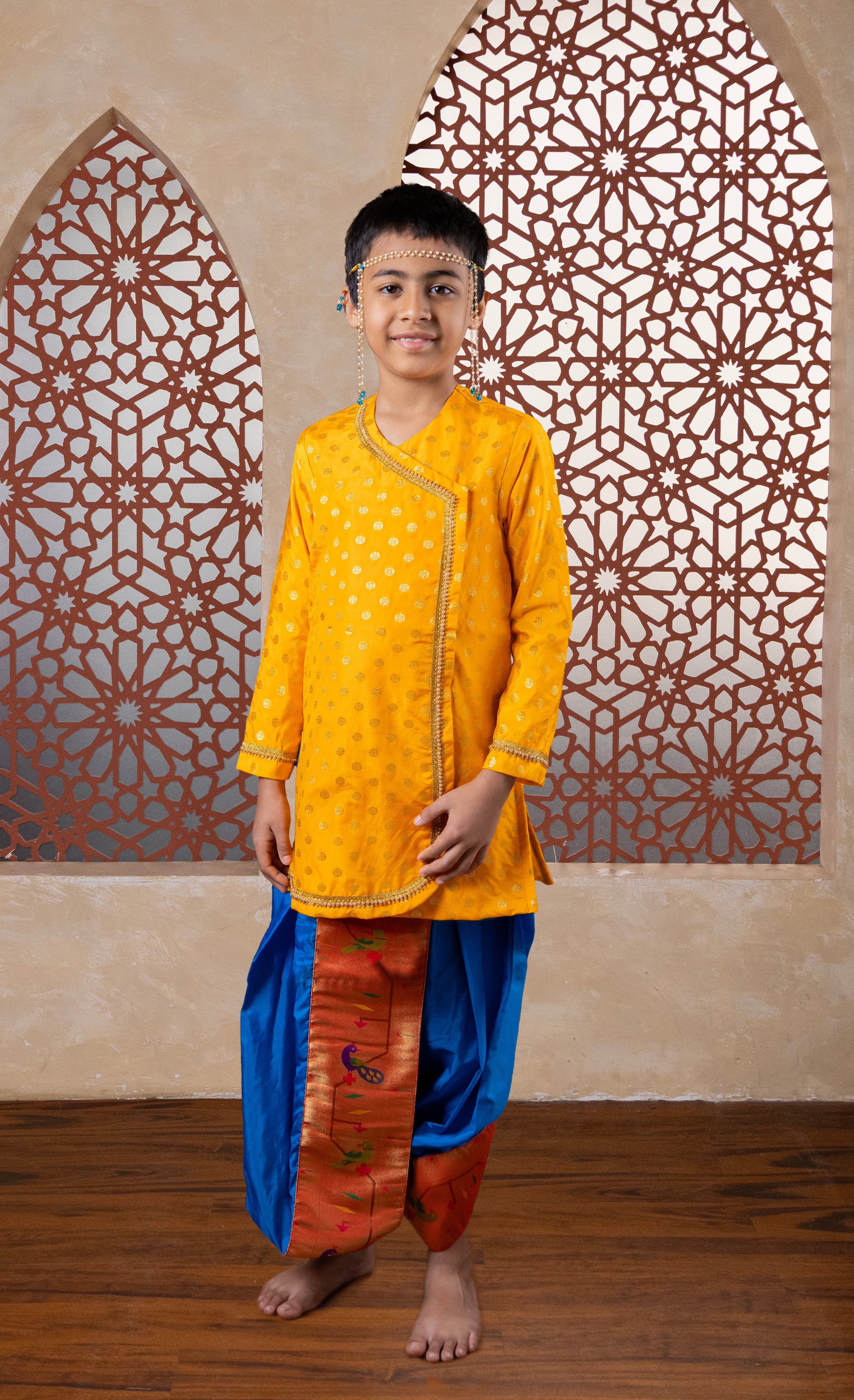Yellow coloured cotton silk big jari butta front open short kurta with pearls embellished lace for Batu