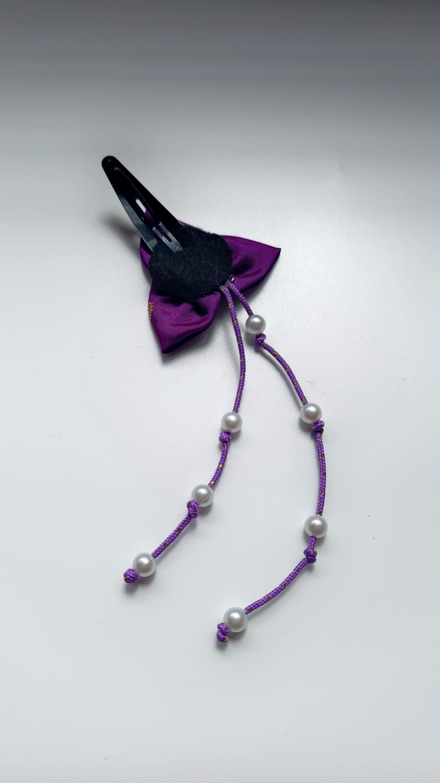 Bilwa Purple Fabric Hairclip With Dangling Pearls Strands