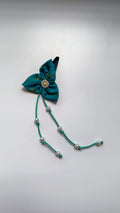 Bilwa Rama Green Fabric Hairclip With Dangling Pearls Strands