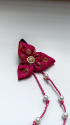 Bilwa Dark Pink Fabric Hairclip With Dangling Pearls Strands