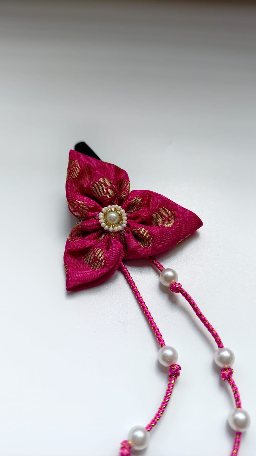 Bilwa Dark Pink Fabric Hairclip With Dangling Pearls Strands