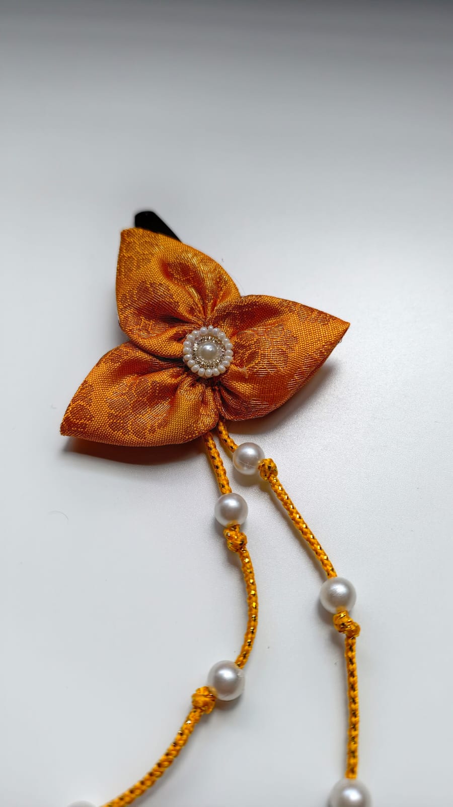 Bilwa Yellow Fabric Hairclip With Dangling Pearls Strands