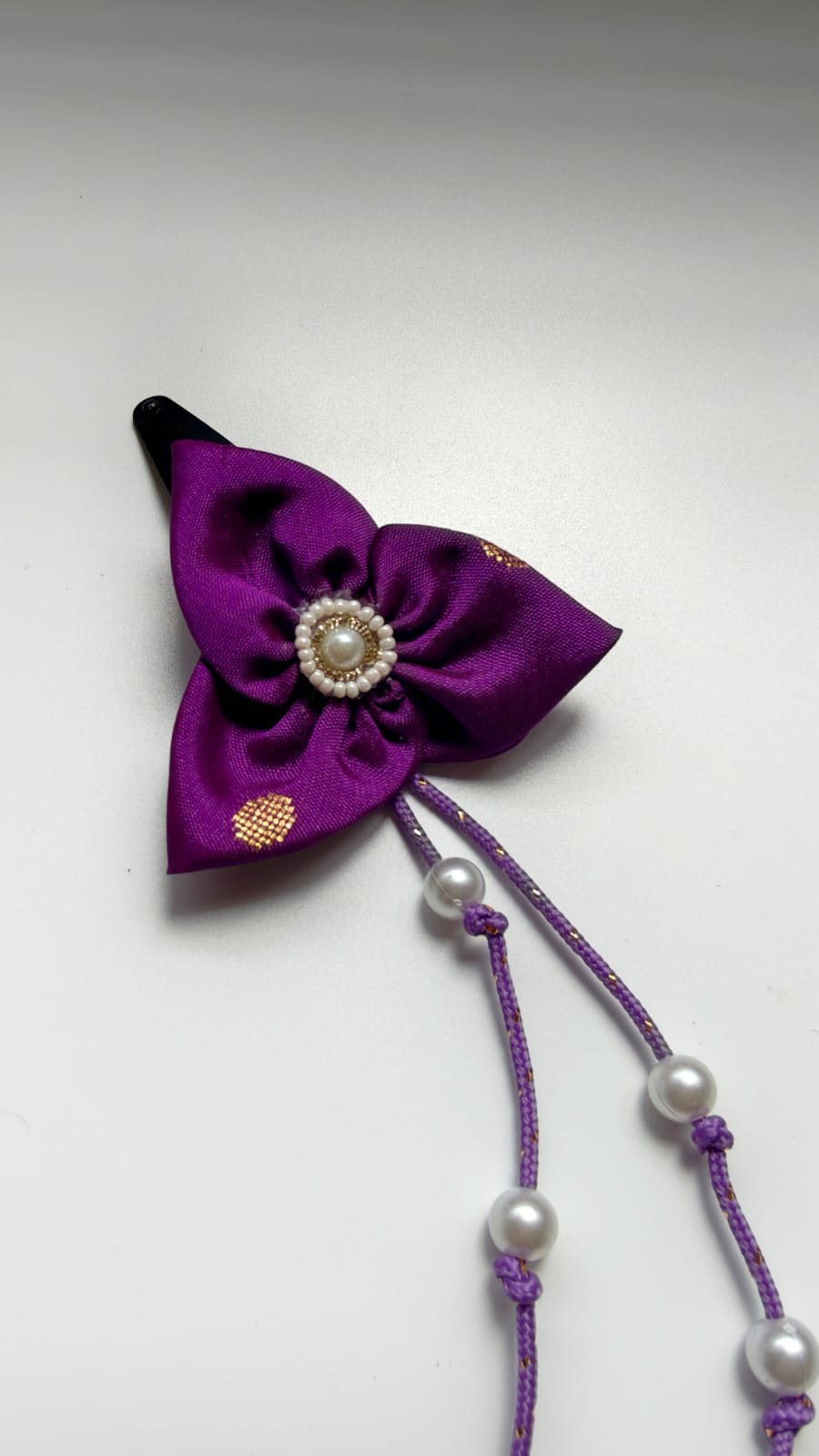 Bilwa Purple Fabric Hairclip With Dangling Pearls Strands