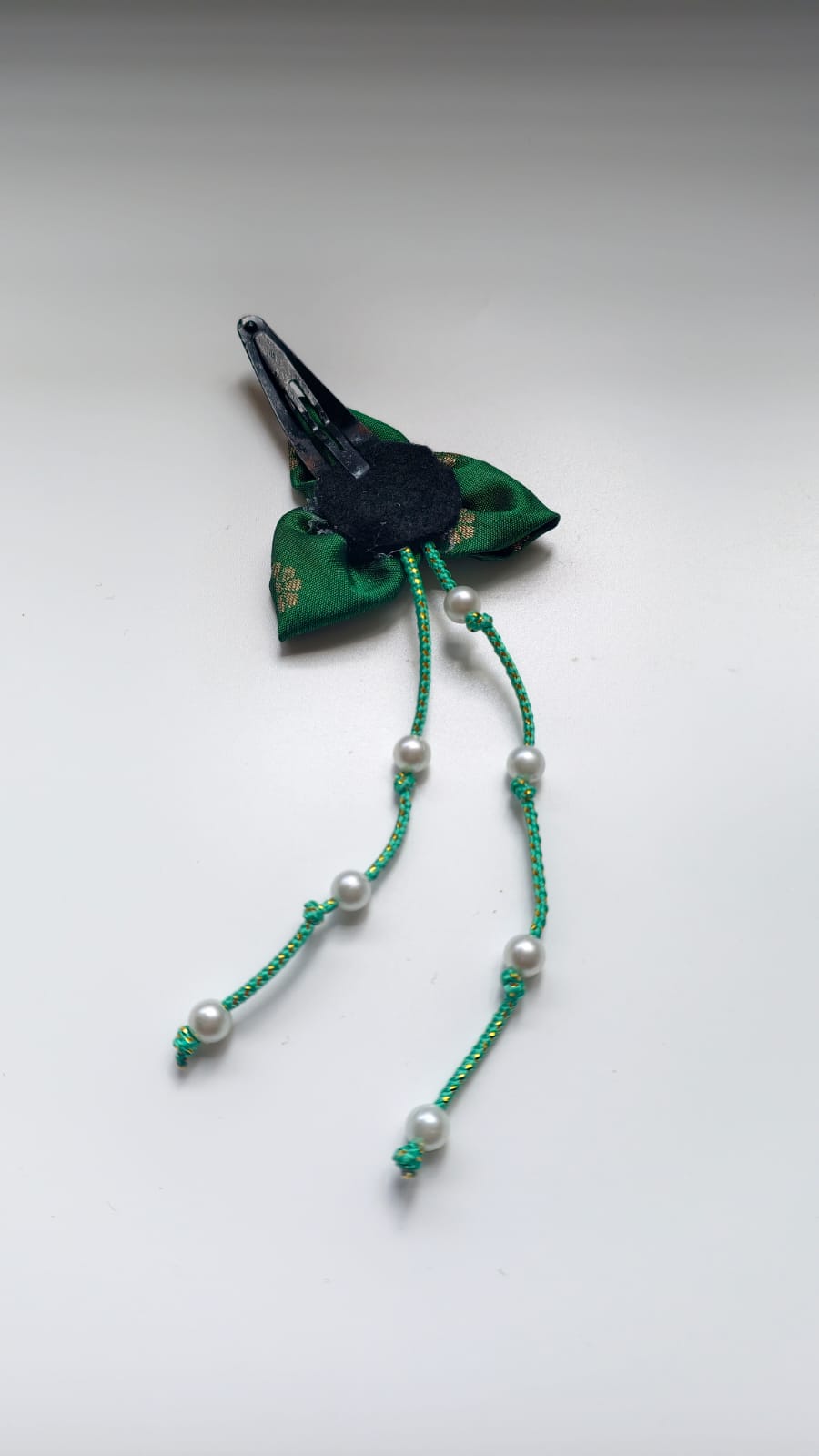 Bilwa Bottle Green Fabric Hairclip With Dangling Pearls Strands