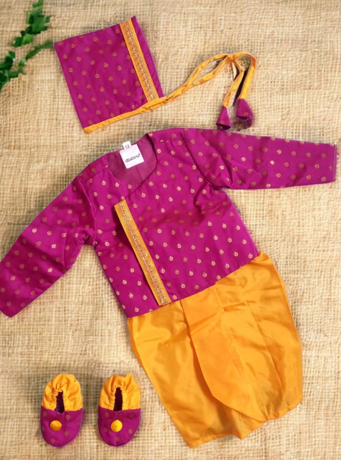 Magenta and Yellow Newborn Dhoti Kurta Set with coordinated Bonnet and Booties