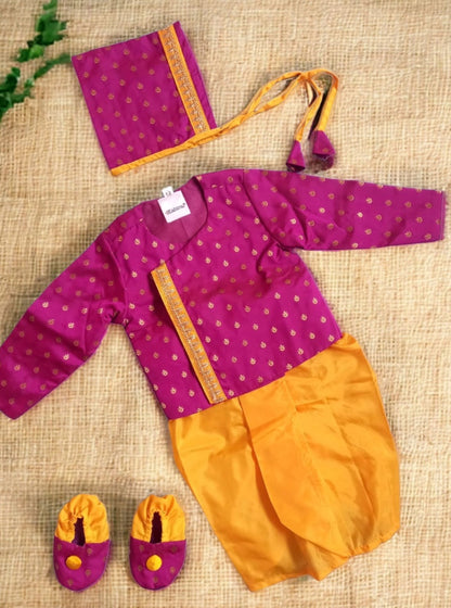 Magenta and Yellow Newborn Dhoti Kurta Set with coordinated Bonnet and Booties