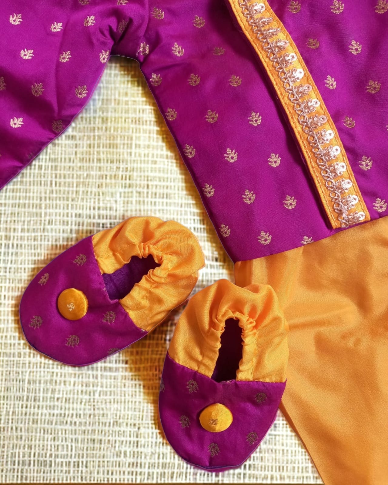 Magenta and Yellow Newborn Dhoti Kurta Set with coordinated Bonnet and Booties