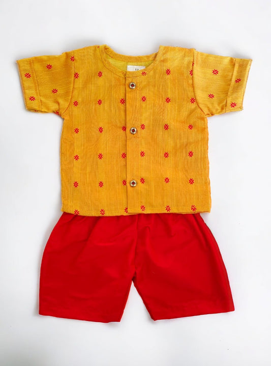 Turmeric yellow and red  raw silk Baba suit for newborn Baby Boy ideal for naming ceremony