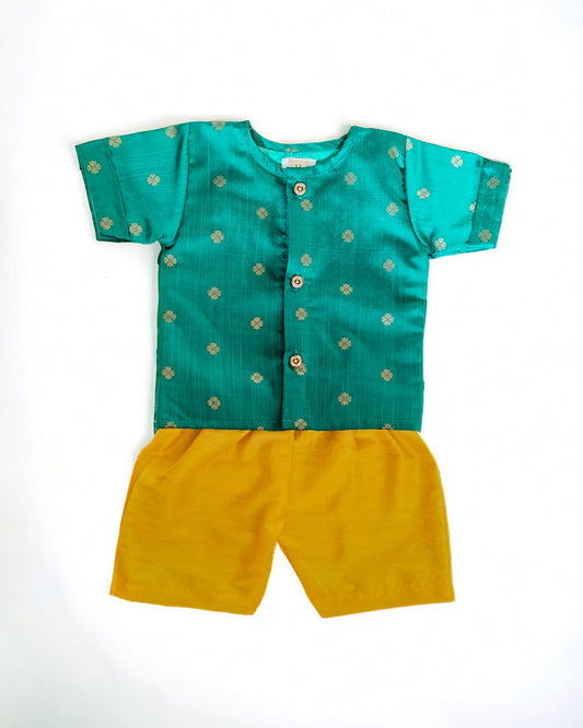 Emerald green and yellow raw silk Baba suit for newborn Baby Boy ideal for naming ceremony