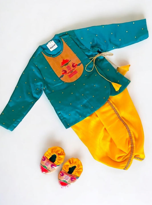Peacock Green brocade Angrakha kurta with Paithani yoke teamed with contrast yellow dhoti for newborn baby boy.It's the perfect outfit for your baby's naming ceremony,naamkaran,annaprashan ceremony.Traditional dress for Noolukettu Ceremony,Pachavi Puja,cradle ceremony,Rice Ceremony,Chatti Puja etc. Apt gifting idea