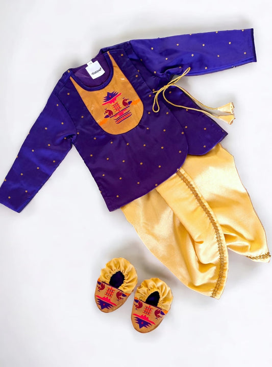 Purple brocade Angrakha kurta with Peacock Paithani yoke teamed with contrast golden dhoti for newborn baby boy.