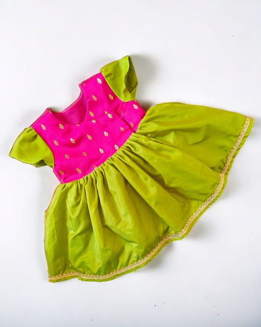 Rani pink brocade and parrot green Mysore silk front open naming ceremony dress for newborn Baby Girl