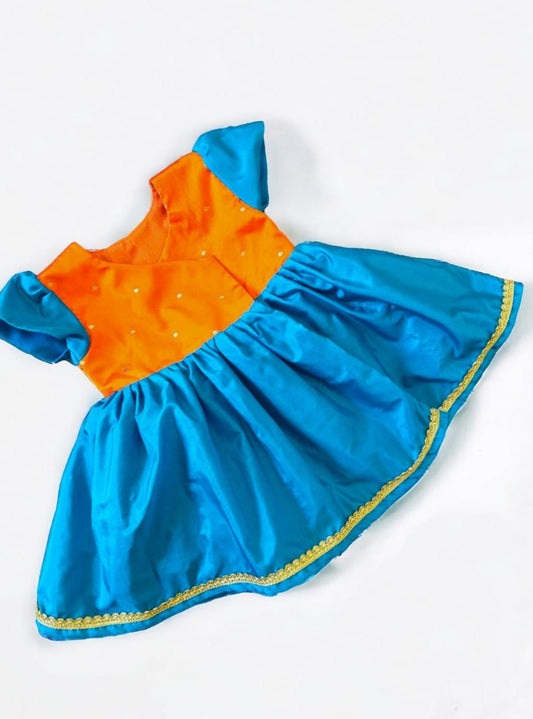 Orange brocade and Teal Blue Mysore silk front open naming ceremony dress for newborn Baby Girl