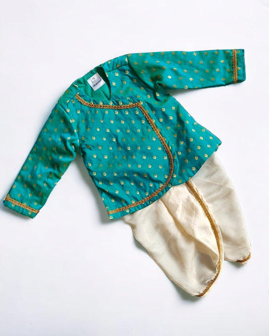 Sea green brocade silk kurta with satin silk dhoti for baby boy , ideal for naming ceremony