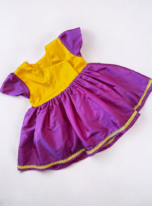 Yellow brocade and Purple Mysore silk front open naming ceremony dress for newborn Baby Girl