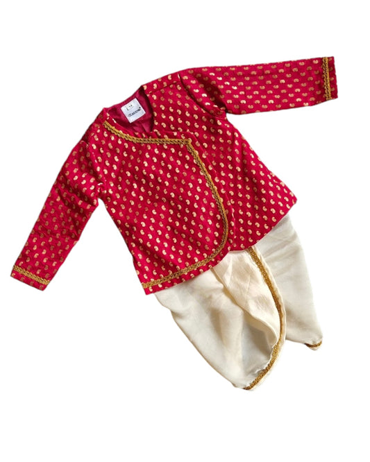 Dark Red brocade silk kurta with satin silk dhoti for baby boy , ideal for naming ceremony