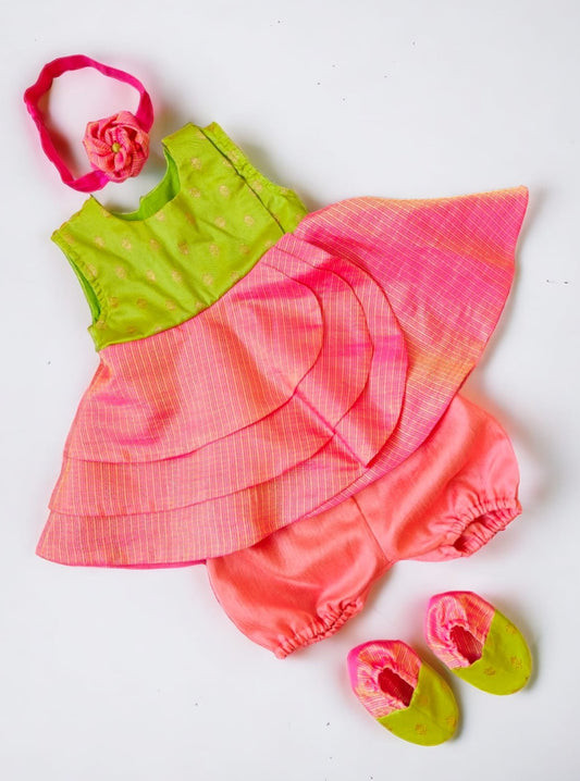 Lime Green soft brocade bodice and Carrot Pink chanderi kotta silk open layered flair naming ceremony dress dress with bloomer ,headband and booties for a newborn baby girl