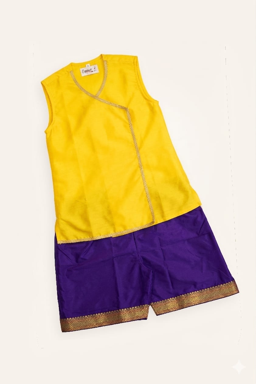 Chaula Karma / Chudakarma Sanskar Combo for Batu - Yellow includes yellow Taffeta silk sleeveless vest and Mysore Silk Inner Pant