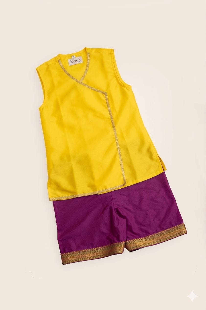 Chaula Karma / Chudakarma Sanskar Combo for Batu - Yellow includes yellow Taffeta silk sleeveless vest and Mysore Silk Inner Pant