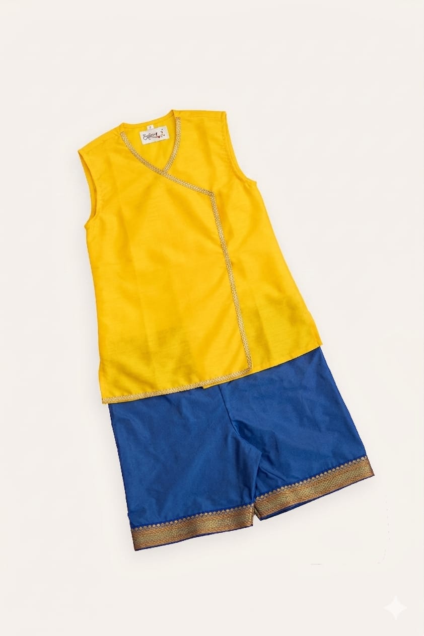 Chaula Karma / Chudakarma Sanskar Combo for Batu - Yellow includes yellow Taffeta silk sleeveless vest and Mysore Silk Inner Pant