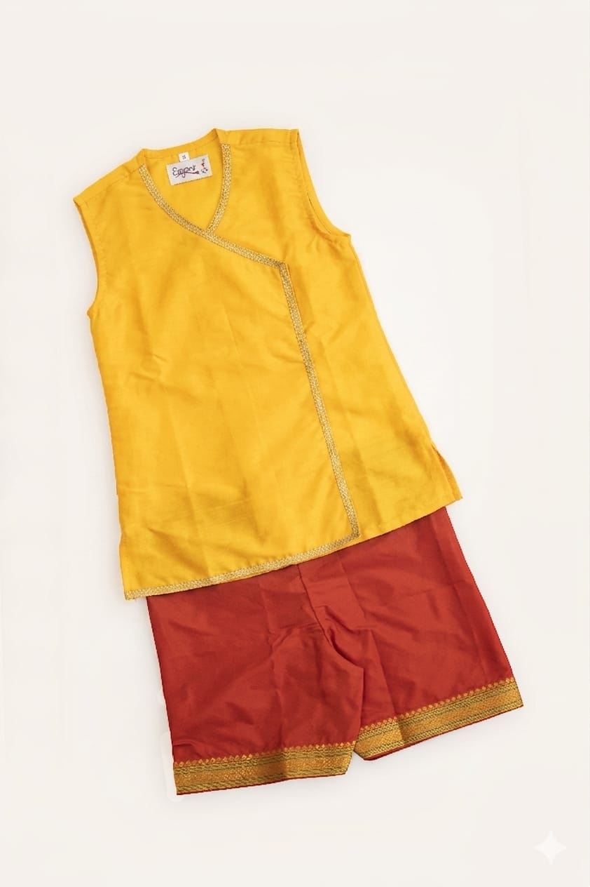 Chaula Karma / Chudakarma Sanskar Combo for Batu - Yellow includes yellow Taffeta silk sleeveless vest and Mysore Silk Inner Pant