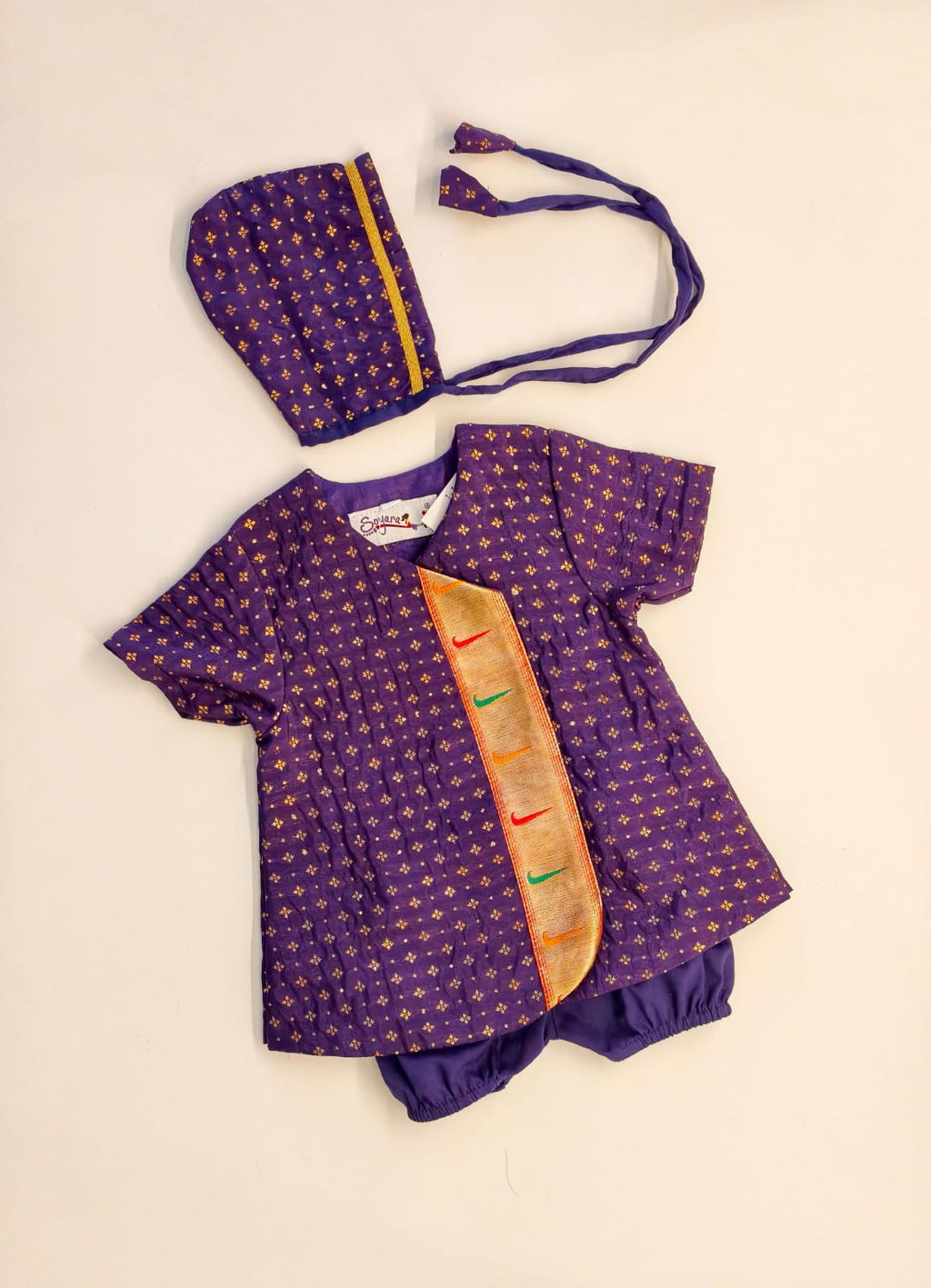 Kiran Set - Dark Purple Soft Brocade Silk front open Unisex Jhabala with muniya border teamed with matching bloomer and bonnet for newborn baby
