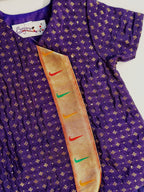 Kiran Set - Dark Purple Soft Brocade Silk front open Unisex Jhabala with muniya border teamed with matching bloomer and bonnet for newborn baby