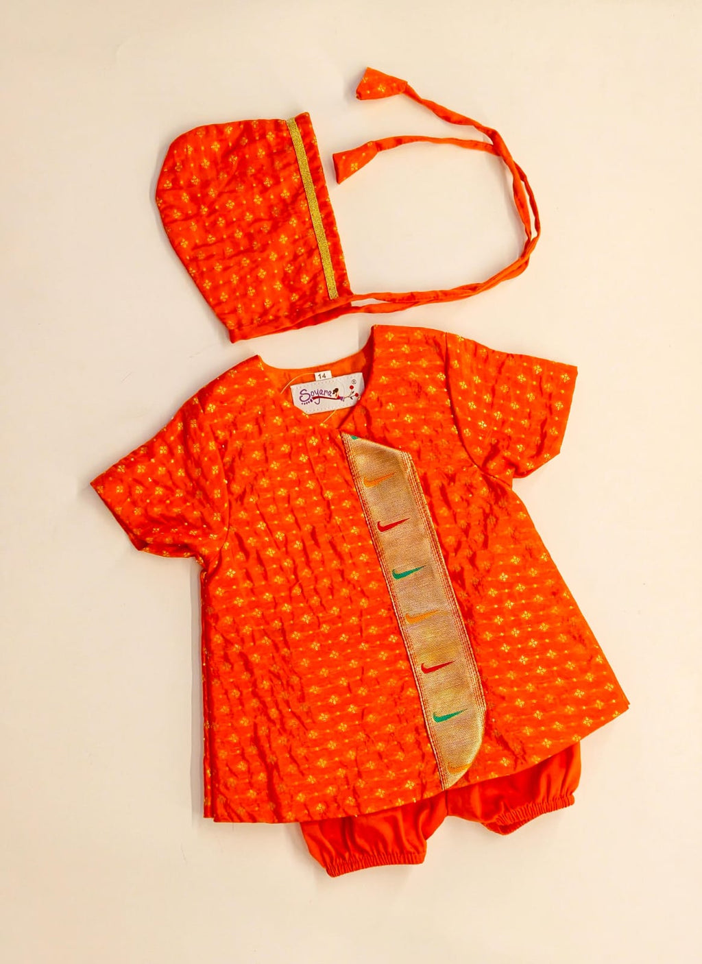 Kiran Set - Orange Soft Brocade Silk front open Unisex Jhabala with muniya border teamed with matching bloomer and bonnet for newborn baby