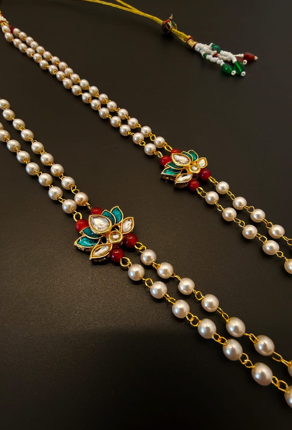 Pearl Double Layer Kanthi With Peacock Green Lotus Findings