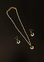 Dainty Pearl Chain Necklace With Green Bead Pendant With Hanging Earrings