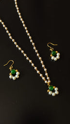 Dainty Pearl Chain Necklace With Green Bead Pendant With Hanging Earrings